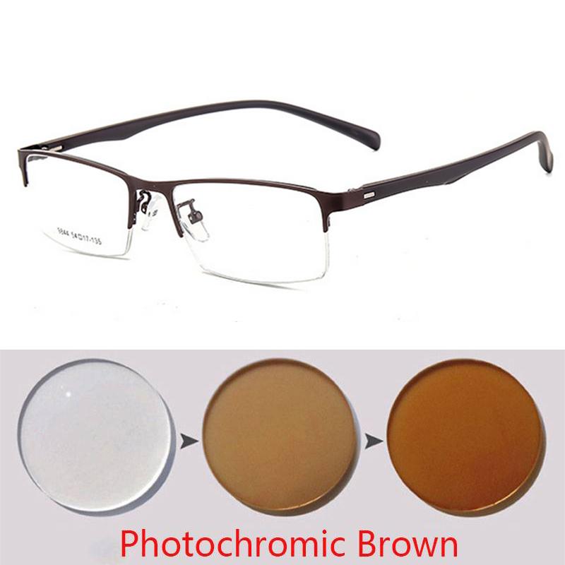 Metal Semi-Rimless Square Prescription Short-shor Eyeglasses with Anti-UV Coating Photochromic Myopia Eyewear 0 -0.5 -0.75 To -6