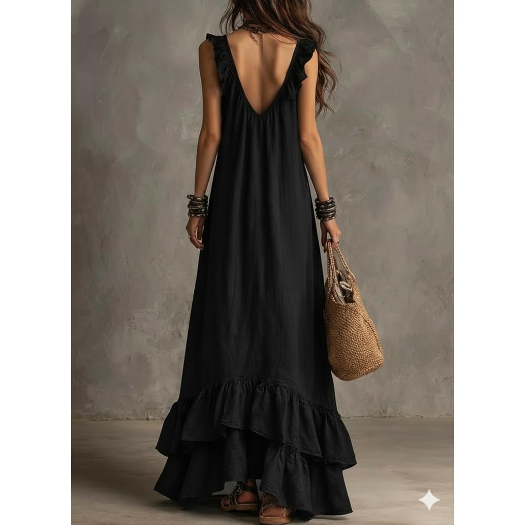 Boho Vintage V-Neck Short Sleeve Ruffle Casual Urban Dress for Women, European American Crossbody Summer Sundress