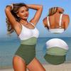 Women Color Block Swimsuit Summer Scalloped Trim One Piece Beach Ruched Tummy Control Adjustable Straps Slimming Bathing Suit