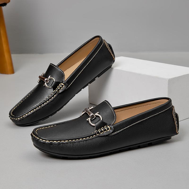 Fashion Metal Buckle Leather Loafers Casual Slip On Men Casual Shoes Gentleman Formal Dress Shoes Leisure Walk Business Flats Moccasins