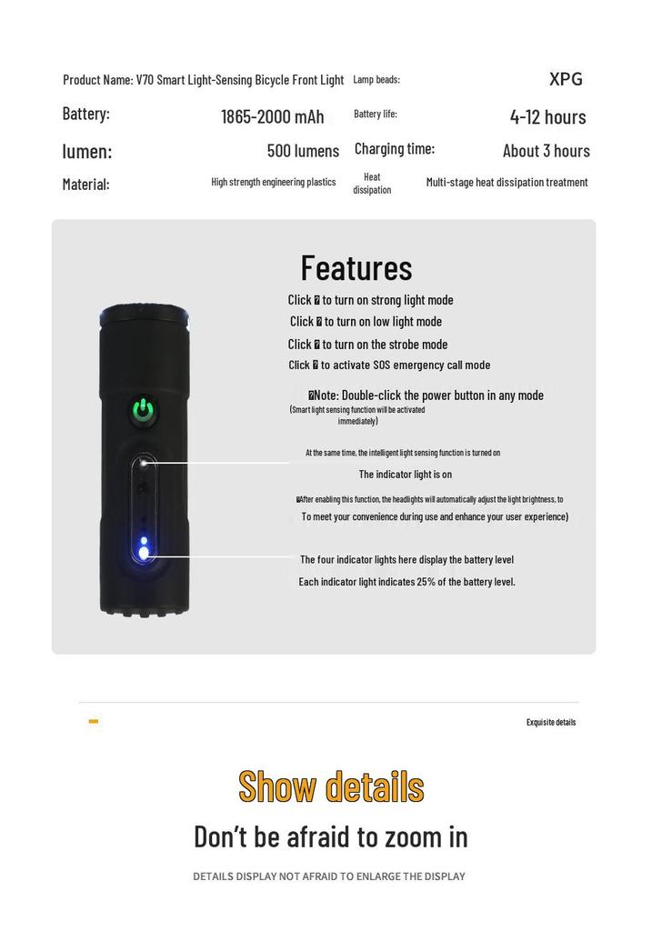Bicycle Smart Front Light, Type-C Charged, Long Battery Life, Power Display, Large Capacity, Light-Sensitive, Ideal for Night Riding.