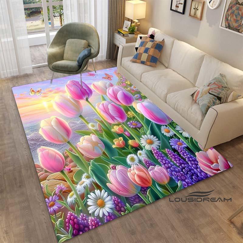 Sunflower Tulip Field Rug for Living Room, Bedroom, Coffee Table, Modern Non-slip Home Decor Area Rugs Customizable