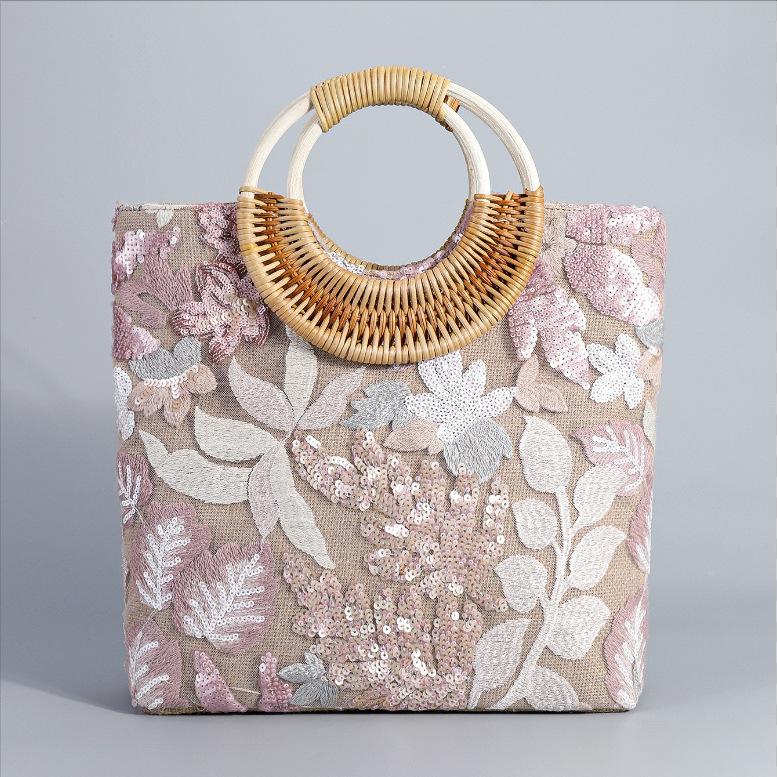 

Sequin Spring and Summer Tote Bag, High-end Sense Niche Embroidered Women s Bag, Large-capacity Woven Handbag 34*30*10cm розовый