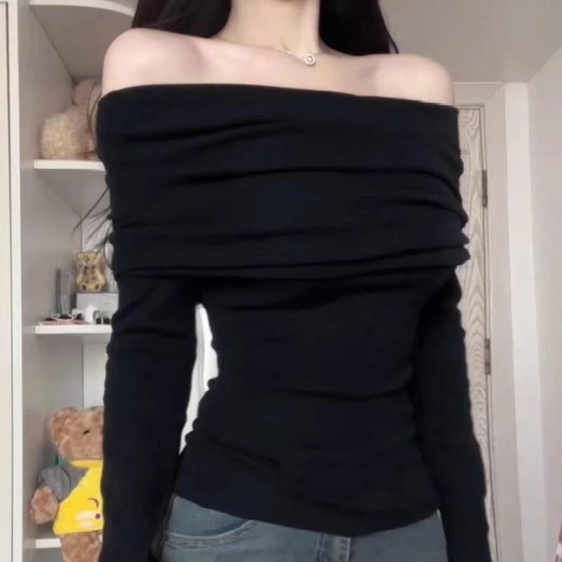 Women's Slim Fit One-Shoulder White Long-Sleeve Sweater, Elegant Pleated Spring Top