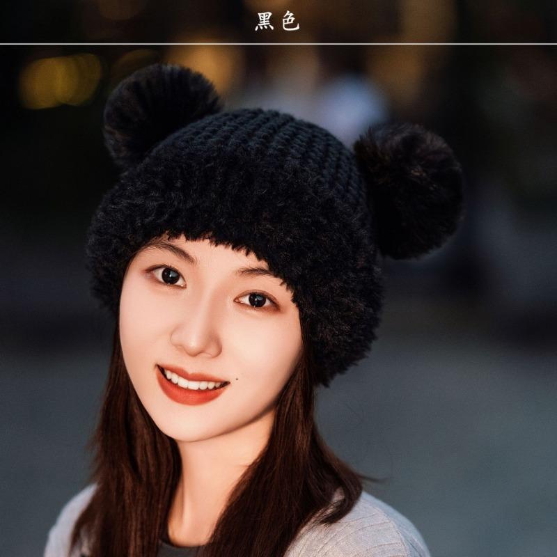 

Winter warm girls knitted hat cute hairball fan retro thick needle twist ear protector wool hat One Size