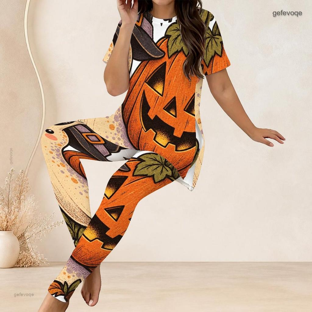 Women Plus Size White Halloween Printed Two Piece Set Round Neck Short Sleeve Longline Top And Long Pants