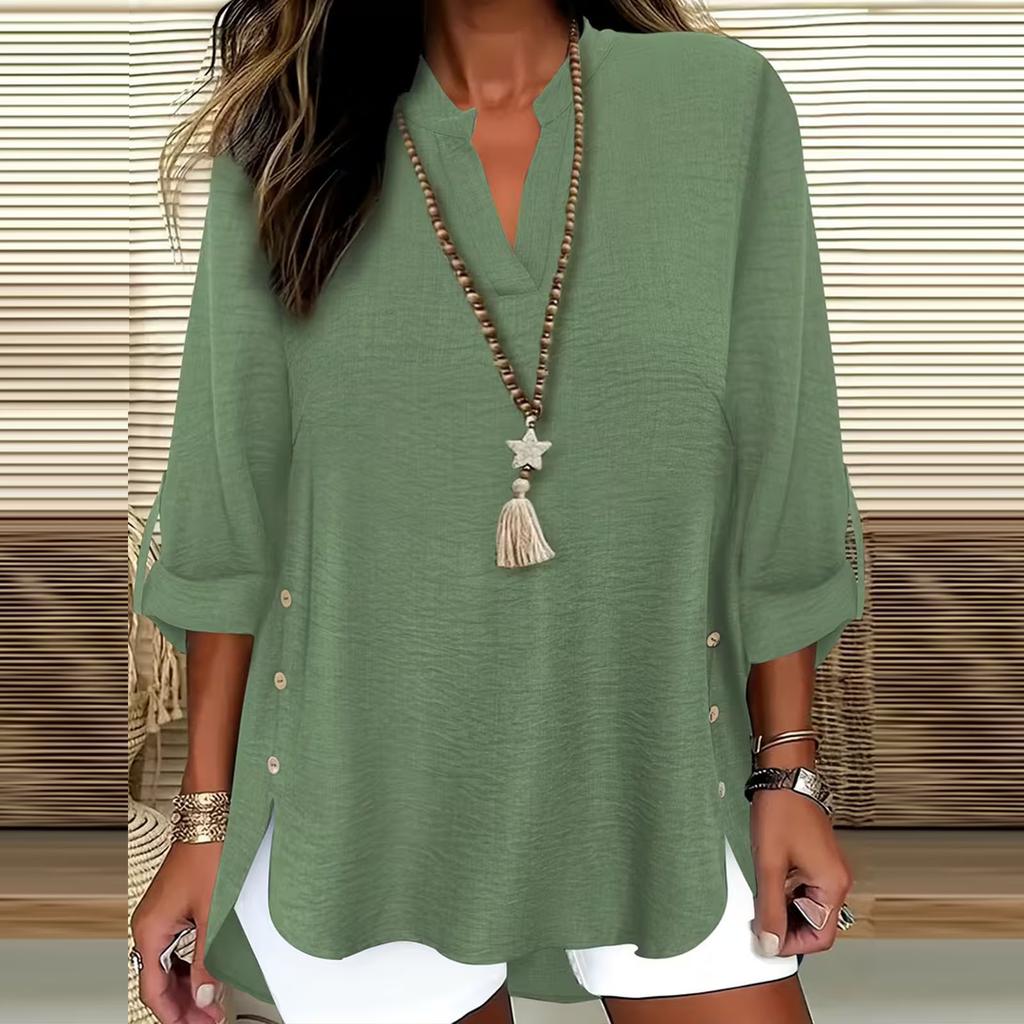 Women's Casual Loose Fit V Neck Mid Sleeve Tunic Top Button Detail Side Slits Lightweight Comfortable Blouse for Everyday Wear