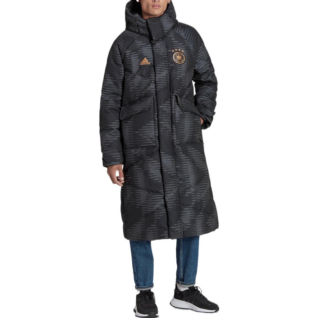 Adidas FW22 Full Print Embroidered Logo Zip Hooded Down Jacket Men Outerwear Black HF4062