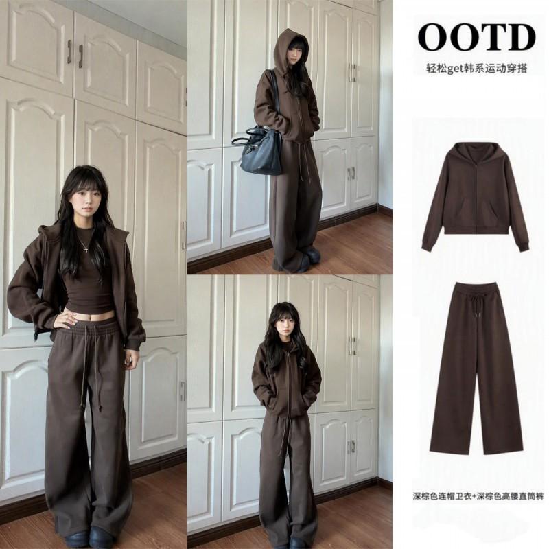 Womens Khaki Hooded Oversized Sweatshirt Set Loose Fit Casual Outfit Fall 2026 Korean Style Streetwear