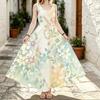 Sleeveless Maxi Dress,Women U Neck Sundress,Green Leaves Floral Watercolor Print,Loose A Line Silhouette,Summer Beach Outfit,Holiday Flowy Long Gown