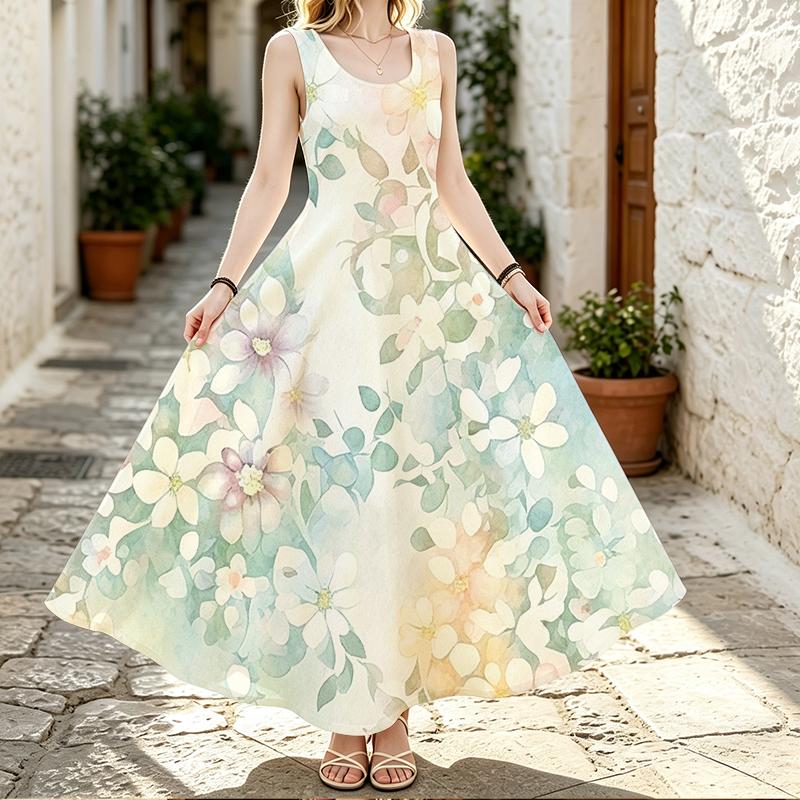 Sleeveless Maxi Dress,Women U Neck Sundress,Green Leaves Floral Watercolor Print,Loose A Line Silhouette,Summer Beach Outfit,Holiday Flowy Long Gown