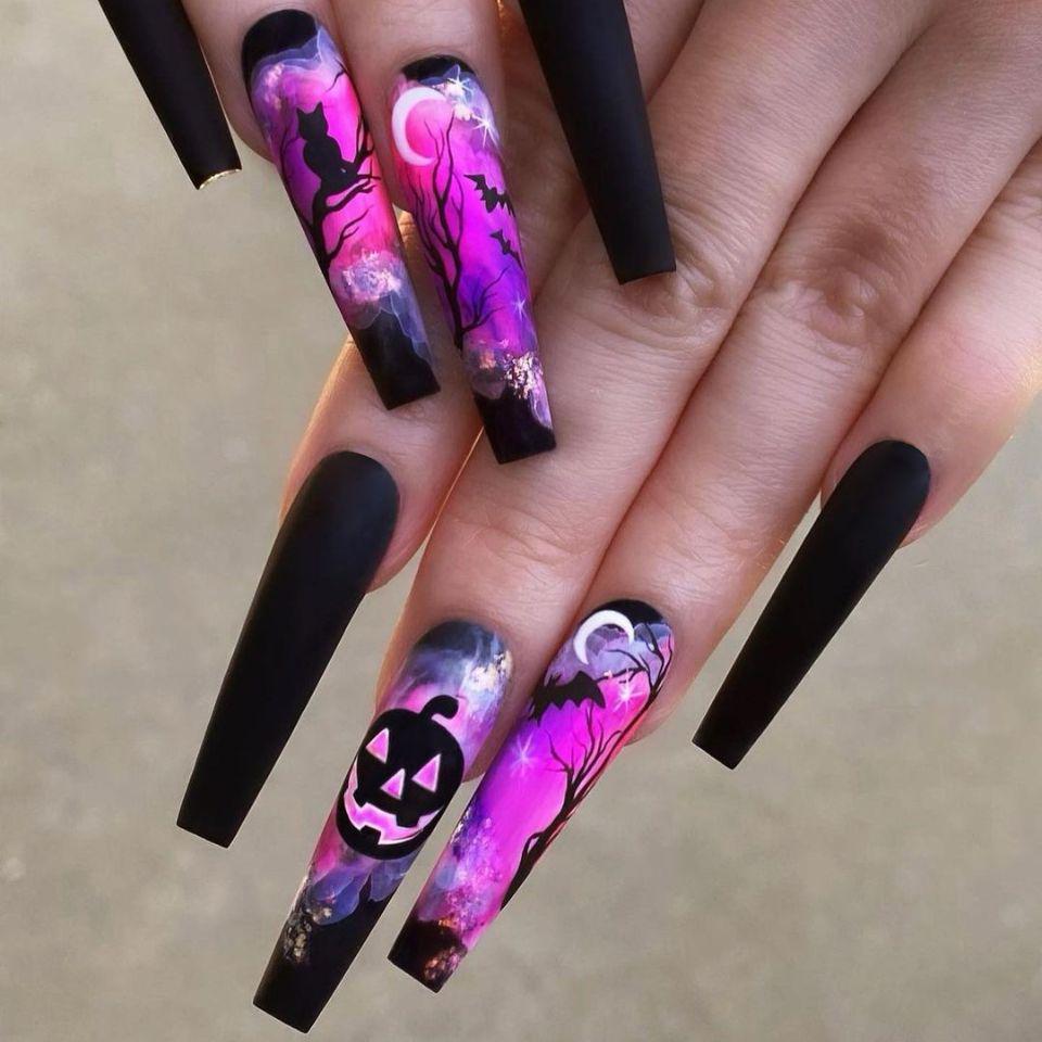 WM-103 Dark Purple Ghost Long Sleeve Halloween Nails - Bat & Pumpkin Design Glue Type