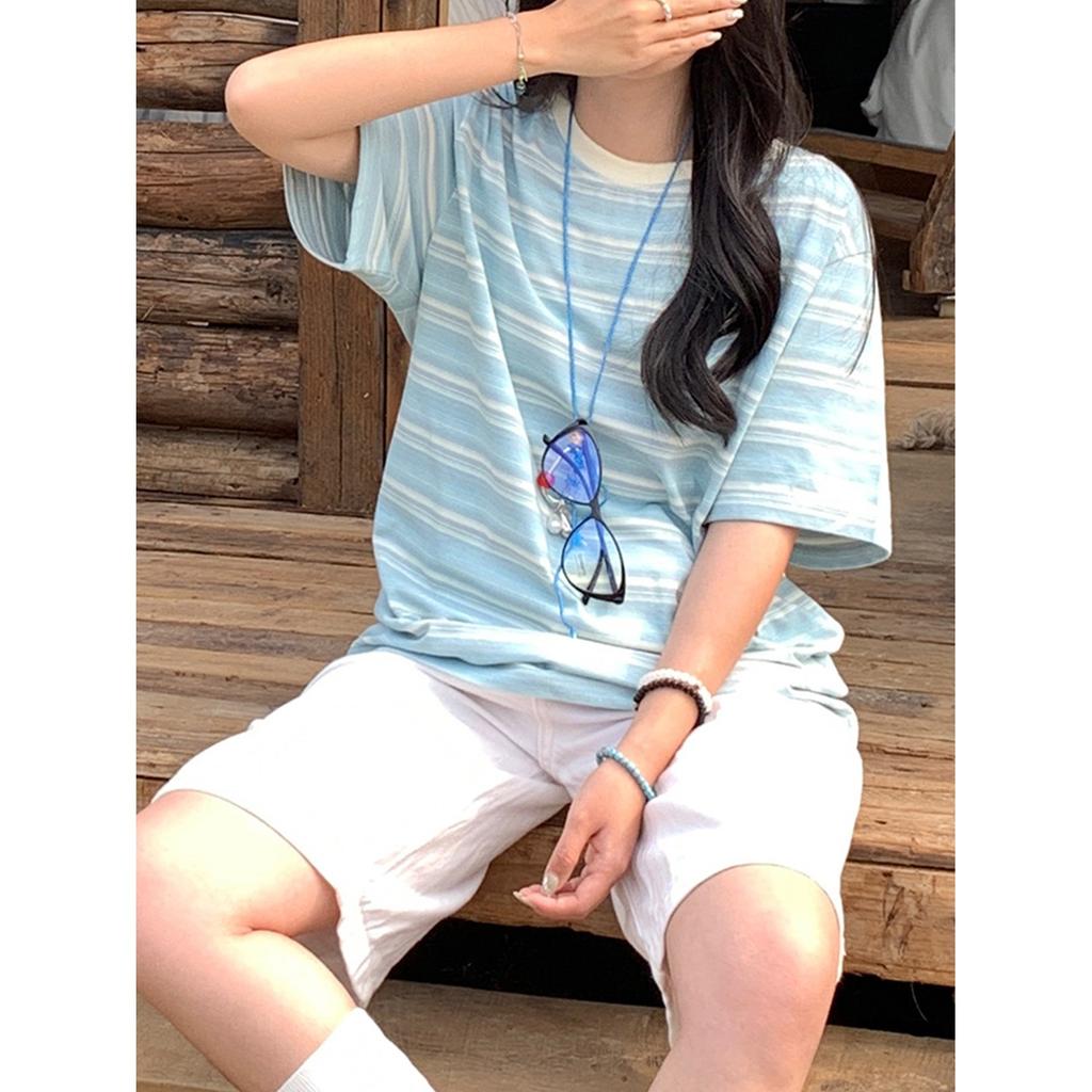 No Price Reduction, Contrasting Color Striped Short-sleeved T-shirt, Women's Korean Lazy Style Loose Casual Crew Neck Top Trend