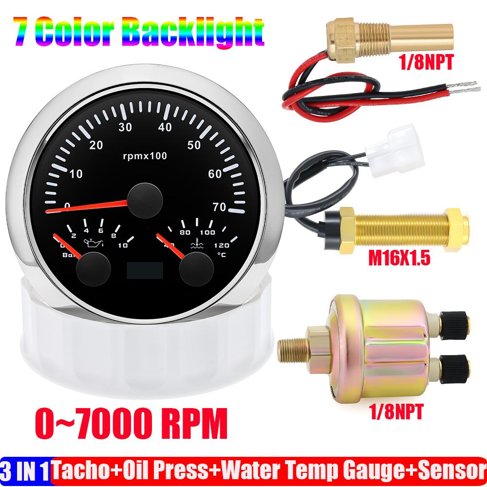 ZMFJH 3000~8000RPM 85MM Tachometer+Oil Pressure+Water Temp Gauge with Sensor 7 Color Light MultiMeter 0~10Bar for Car Boat 9-32V