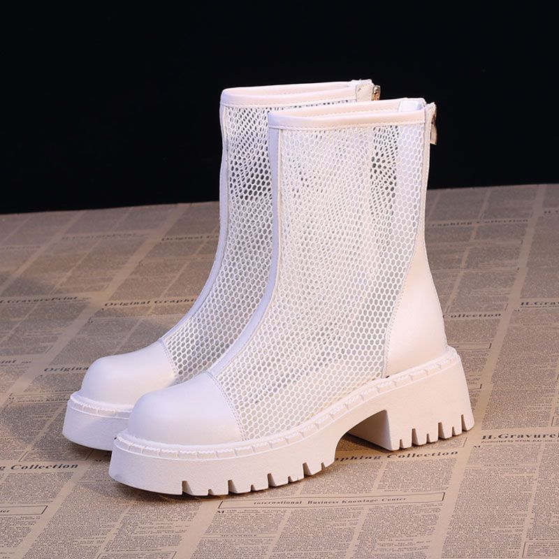 Fashion 2025 Women Breathable Ankle Boots Summer Hollow-out Chunky Ladies High Heels Fashion Hot Sale Woman's White Short Boots De Mujer