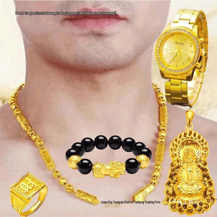 Unique Vietnam-Inspired Gold Necklace & Non-Fading Gold Watch Set for Men