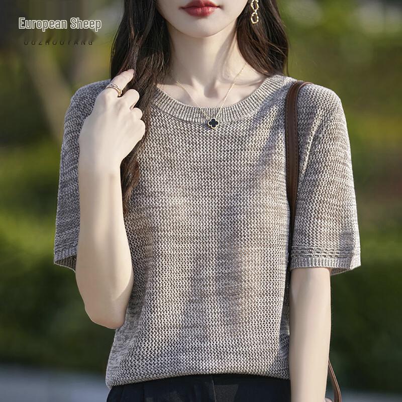 Women s Fine Knit Round Neck Short Sleeve Top M
