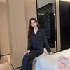 Women's Red Ice Silk Pajamas - Long Sleeve and Pants, Lightweight Casual Homewear for Spring and Summer