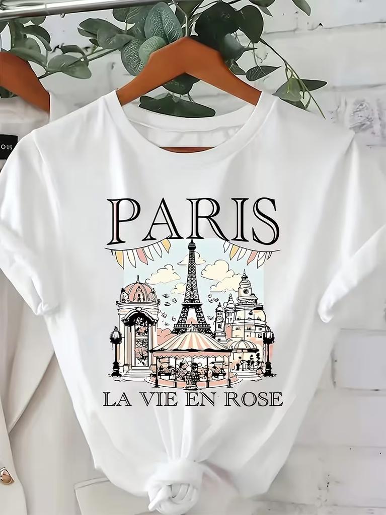 Paris Stadtlinienkunst T-Shirt Minimalistischer französischer Skyline-Druck Kurzarm-Oberteile Unisex Lässig für Alltag und Urlaub