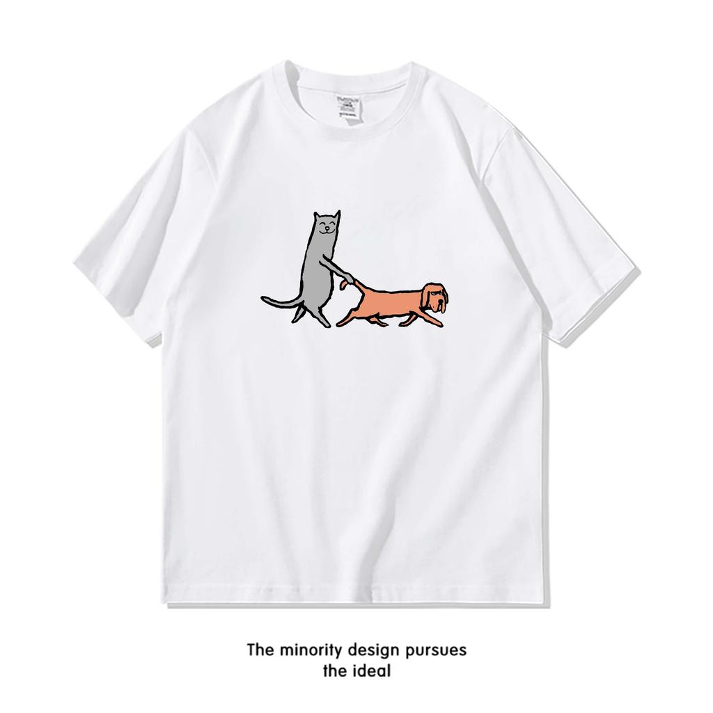 ZX Fun Cat Walking Dog Shortsleeved Tshirt for Men and Women Trendy Loose Pure Cotton Couple Halfsleeved Clothes