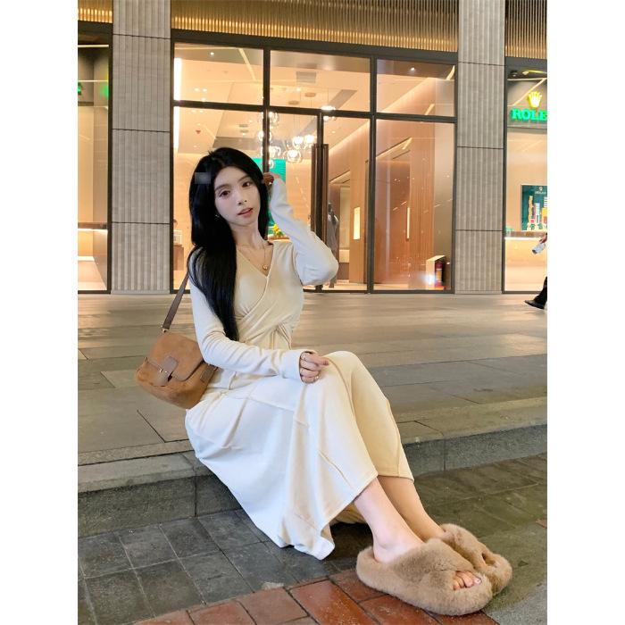 

Женское трикотажное платье больших размеров с французским V-образным вырезом - осенняя утягивающая талию длинная юбка S абрикосовый