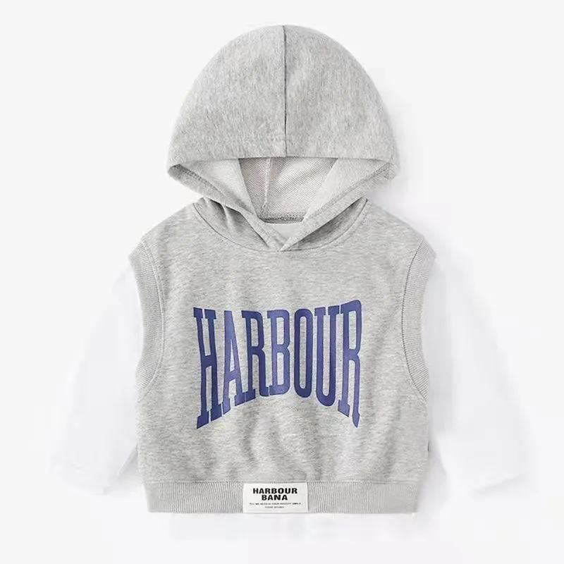 

Мальчики Осенний свитшот с капюшоном и надписью Спортивный повседневный топ 80 серый