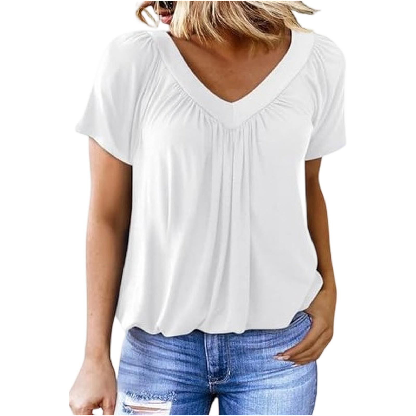 

Women s Casual Color V-Neck Pleated Short Sleeved Top V-Neck Pleated Short Sleeved Top XL білий