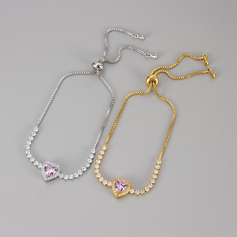 Pink Heart Zircon Adjustable Bracelet Light Luxury Elegant Fashion Bangle For Women Daily Commute Jewelry Gift