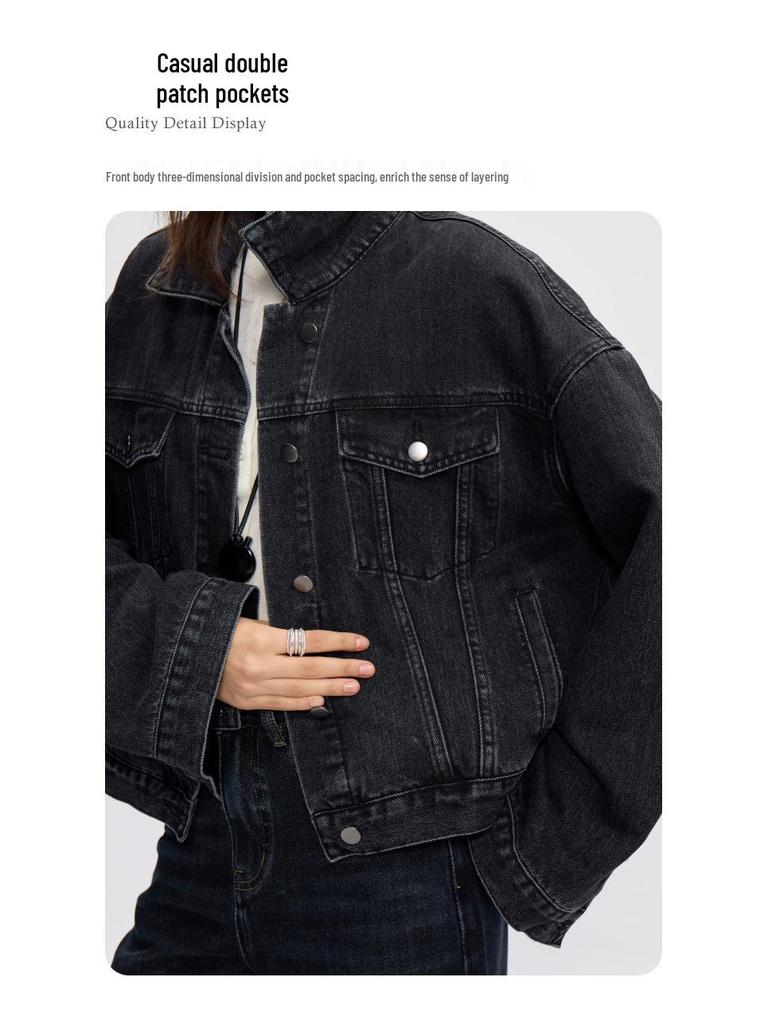 High-Quality Smoke Grey Retro Loose Denim Jacket for Women - 2025 Autumn Collection