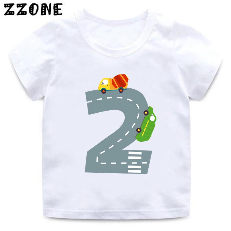 Hot Sale Different Car Print Funny Boys Clothes 1 2 3 4 5 6 7 8 9 Years Birthday Number Cartoon Kids T shirt Baby Girls TShirts
