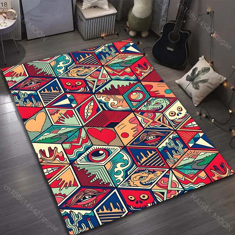 Japanese Grid Painting Art Pink Donkey Art Print Carpet Living Room Bedroom Bedside Sofa Floor Mat Modern Home Decor Area Rug