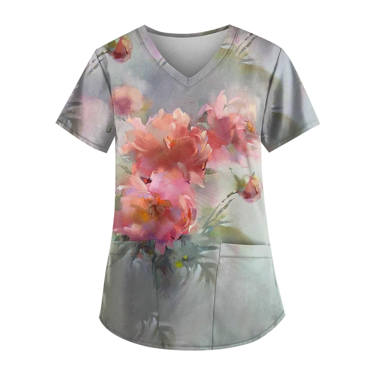 Women s  Short Sleeve V Neck Oil Painting Flower Print Pocket Worker Top L