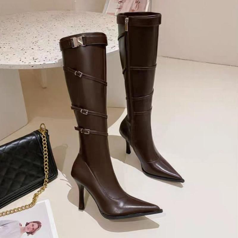 Stiletto Heel High Boots Autumn and Winter New Pointed Toe Side Zipper Metal Buckle Waterproof and Non-Slip Women's Shoes