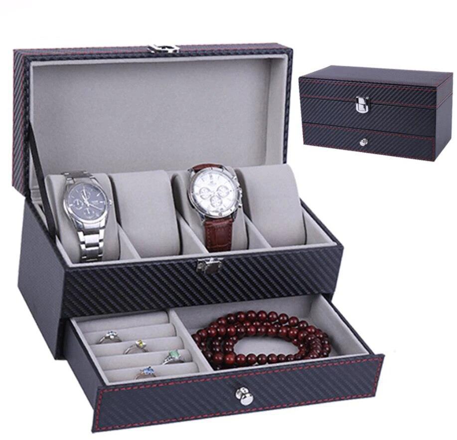 Classic Watch Box PU Leather Jewelry Organizer Travel Display Case for Men /Women,4 Slots Magnetic Top,Black