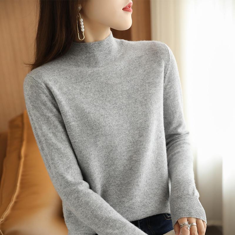 

Elegant temperament half turtleneck sweater women, spring, autumn and winter thin long-sleeved black ladies knitted bottoming shirt One size