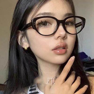 Retro Cat Eye Black Frame Glasses Women'S Rhombus Face Small Frame Anti-Blue Light Flat Mirror Cat Type Early Eight Plain Artifact Round Face