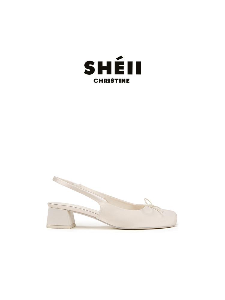 Su Yinyin Has the Same Style of Satin Square Head Pig Nose Bow High Heel Ballet Shoes Female Sweet Temperament Bag Head Empty Sandals