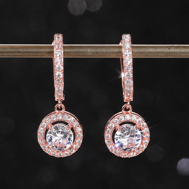 Classic Design Rose Gold Color Round Dangle Earrings For Women Dazzling Crystal Cz Engagement Wedding Jewelry Statement Earring