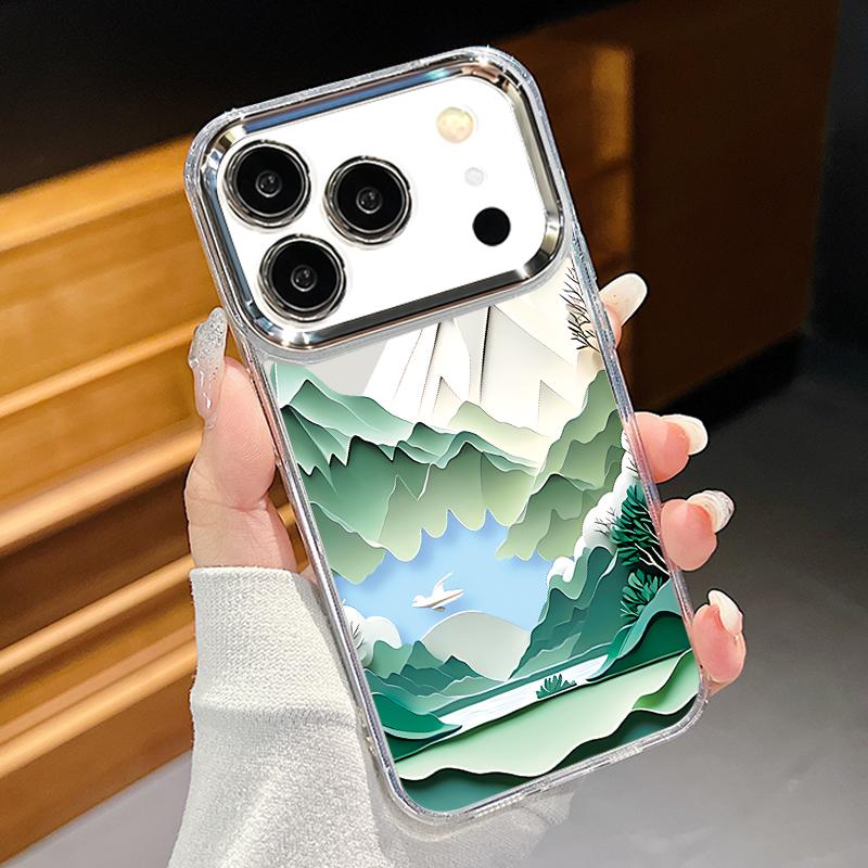 Snow Mountain Scenery Phone Case For iPhone 17 Pro Max Plating Lens Frame Clear Soft Cover For iPhone 16 15 14 13 Pro Max 11 16E 17E