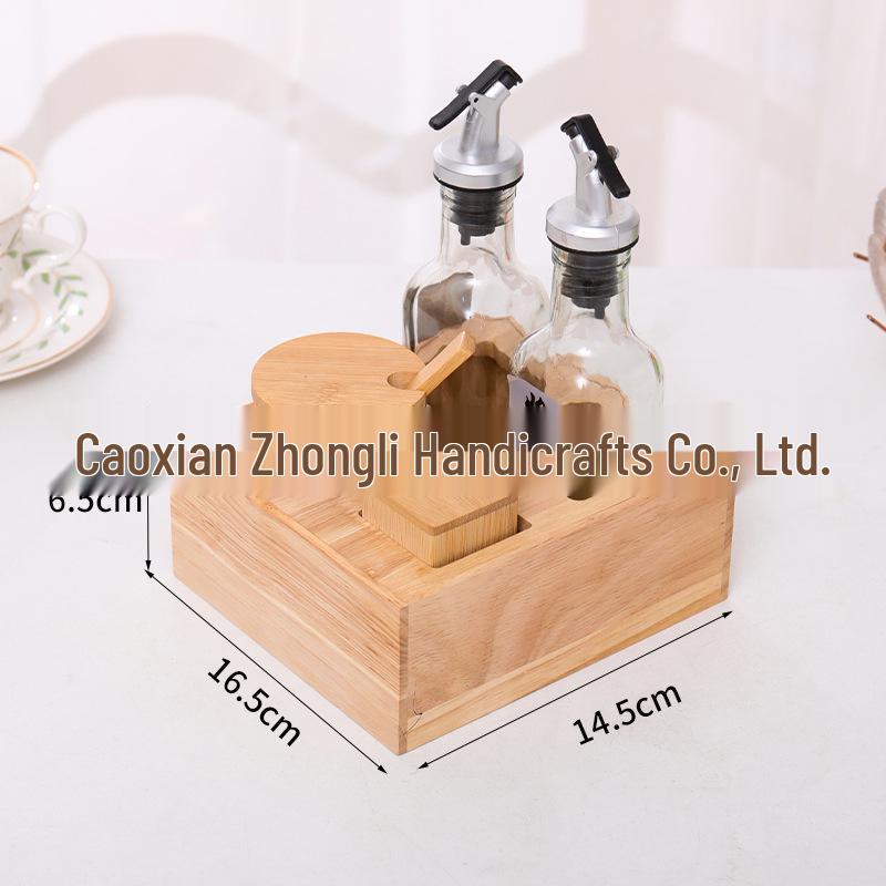 In-Stock Dining Table Seasoning Set: Solid Wood Base with Soy Sauce Bottle, Vinegar Jar, Toothpick Holder, & Spice Rack.