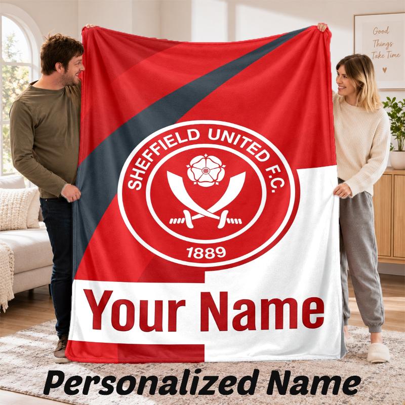 Sheffield United FC Personalized Flannel Blanket Custom Name Text Soft Throw Blanket Home Decor