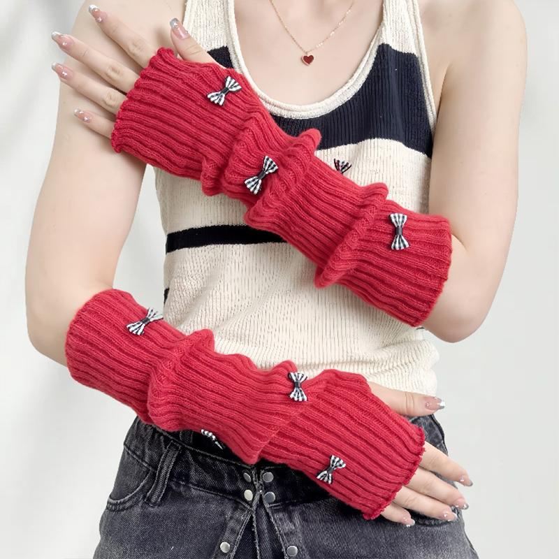 Sweet Cute Fur Bowknot Fingerless Gloves Girl Cosplay Sleeves Arm Sleeves Wool Knitted Sleeves
