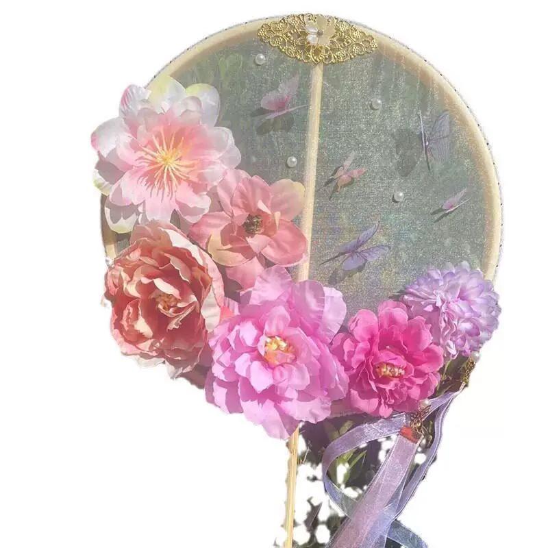 Silk Flower Fan, Ancient Style Fan, Long-Handled Round Fan, Classical Dance Handheld Fan, Hanfu Photo Prop, Cheongsam Accessory