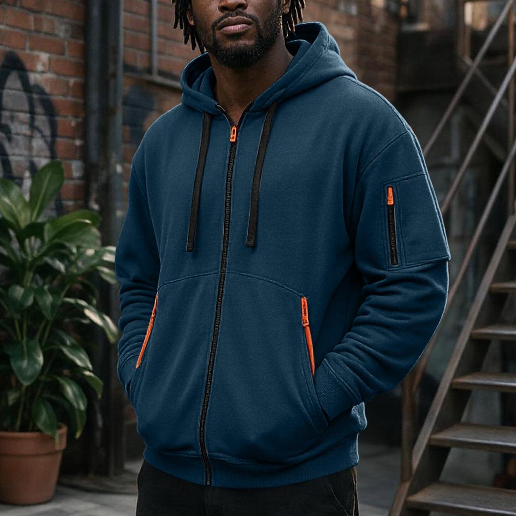 Men's Zip-Up Hooded Jacket with Multiple Pockets Athletic Casual Top for Daily Wear