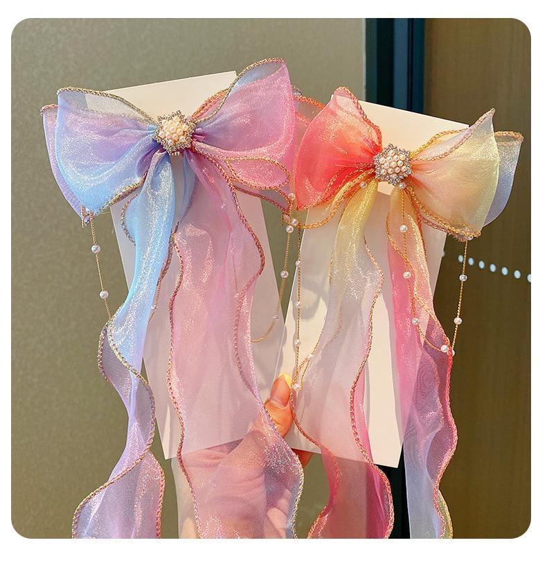 Children's Hair Accessories Pearl Tassels Bows Ribbons Braided Hairpins Headdresses Summer Girls Princess Hairpins