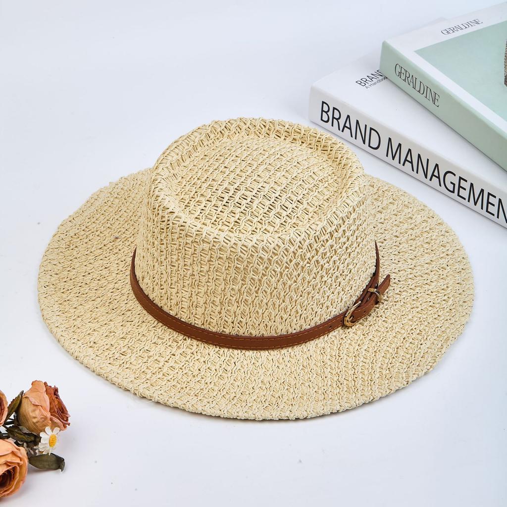British Retro Travel Flat-top Straw Hat Cut Out Sun Protection Woven Seaside Vacation Beach Hat Top Hat