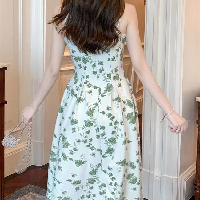 Seaside Vacation Pearl Neck Suspender Skirt French Retro Floral Medium and Long Dress Women's Summer Niche Design Sense