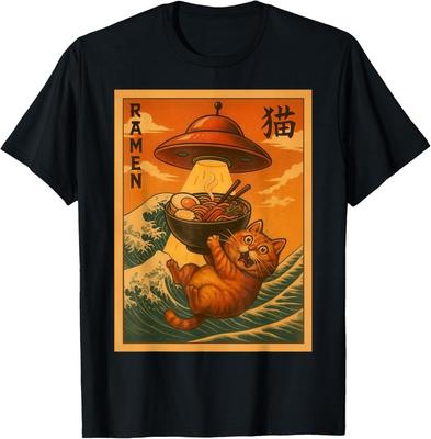 Katze Ramen UFO Lustiges Japanisches Anime Herren Damen Teenager T-Shirt