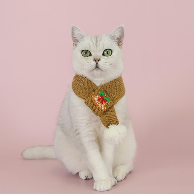 Cat Dog Knitted Scarf Christmas Tree & Bell Embroidery Neck Warmer with Pompom Ball Xmas Party Pet Dress-up Costume Accessories