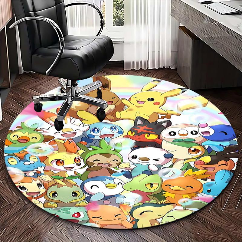 1 szt. Okrągły dywanik Pokemon Pikachu i Przyjaciele - Mata na krzesło z motywem anime do biura, wystroju domu, salonu